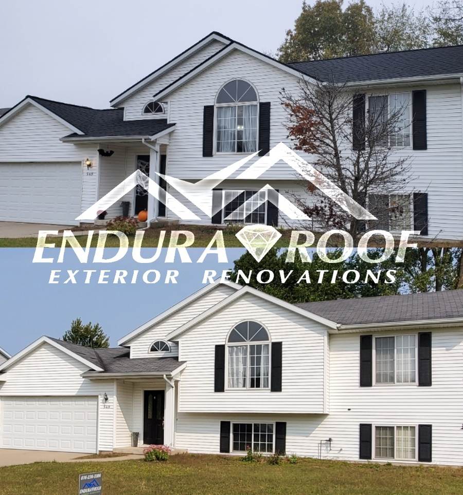 Two photos of the same white two-story house with black shutters and an arched window, one above the other, the top with a dark new roof and the bottom with an older gray one.